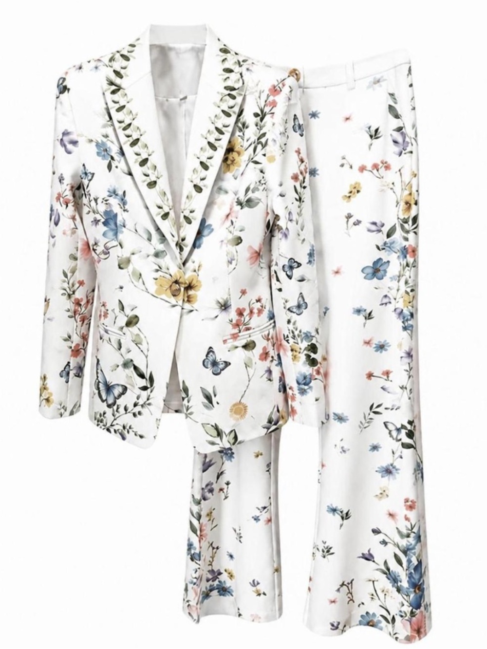 White Floral Blazer and Wide-Leg Pants Set